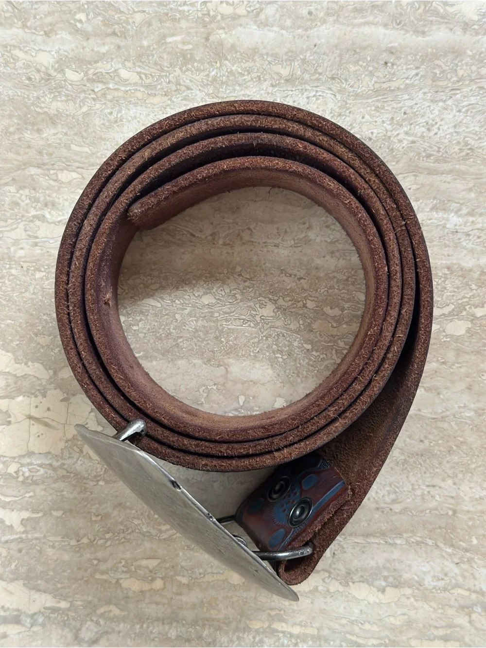 Hand-Tooled Blue Brown Leather Belt with Distressed Silver Buckle Western 34-38